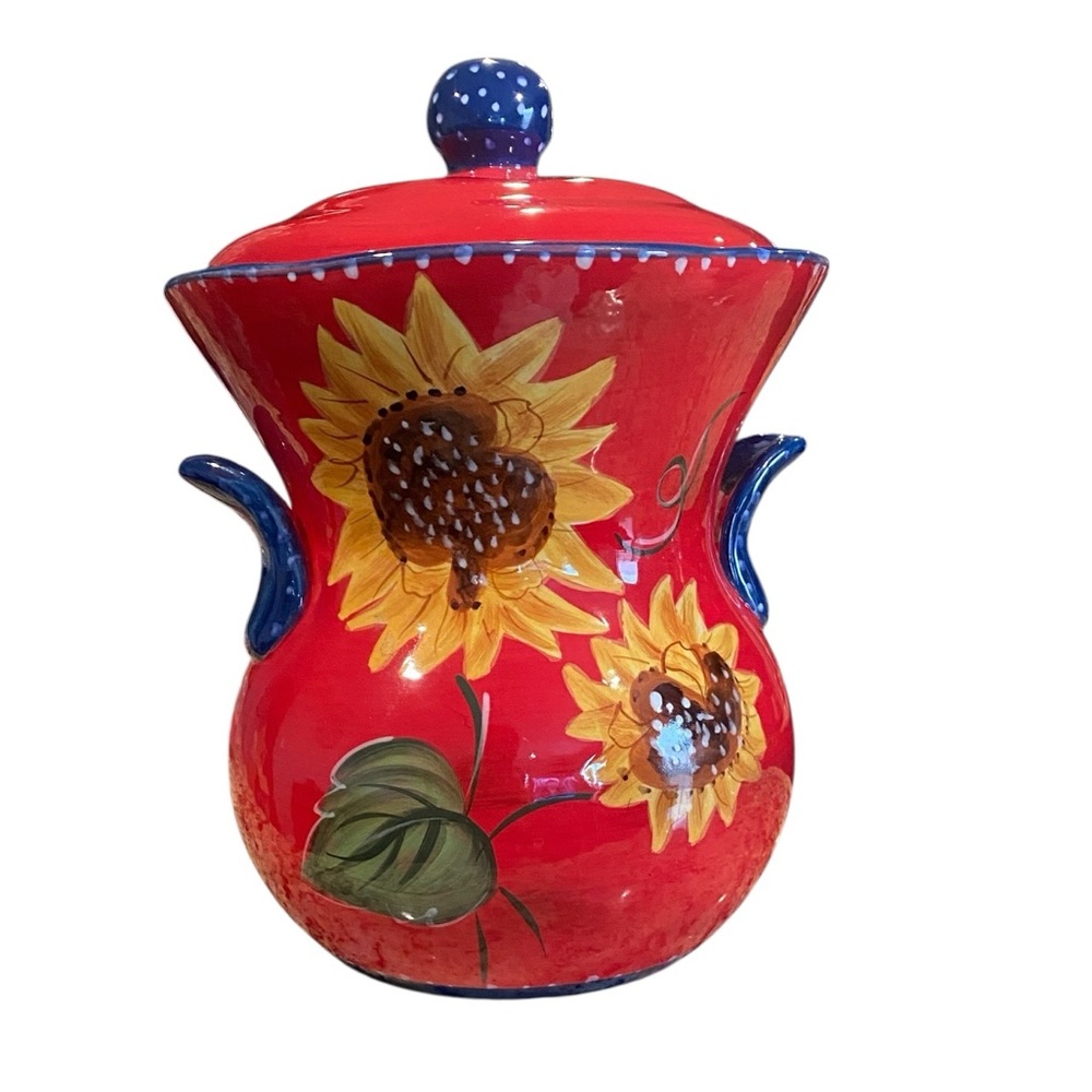 Red Sunflower Ceramic Biscotti Cookie 11” x 7”Jar with Lid